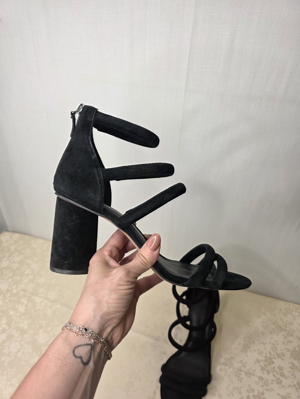 Rebecca Minkoff Black Suede Multi Strap Block Heel Sandals Zipper Back Size 10M - Picture 3 of 8